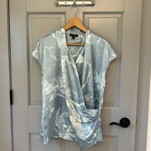 Alfani white blue satin faux wrap blouse